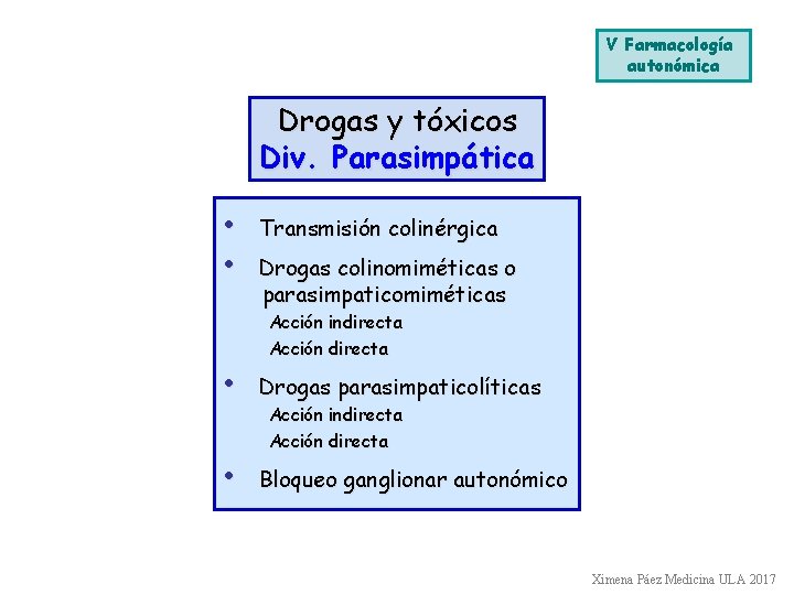 V Farmacología autonómica Drogas y tóxicos Div. Parasimpática • • Transmisión colinérgica Drogas colinomiméticas