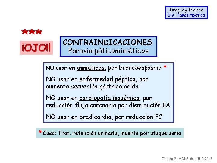 Drogas y tóxicos Div. Parasimpática *** ¡OJO!! CONTRAINDICACIONES Parasimpáticomiméticos NO usar en asmáticos, por