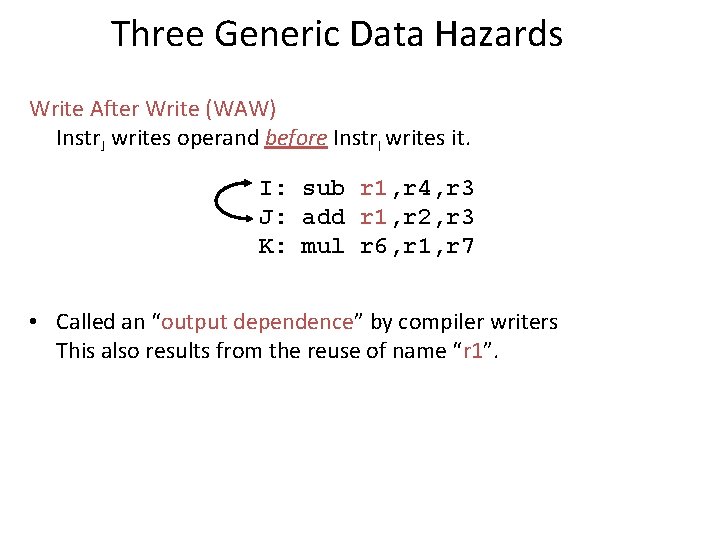 Three Generic Data Hazards Write After Write (WAW) Instr. J writes operand before Instr. Three Generic Data Hazards Write After Write (WAW) Instr. J writes operand before Instr.