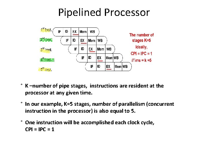 Pipelined Processor ° K –number of pipe stages, instructions are resident at the processor Pipelined Processor ° K –number of pipe stages, instructions are resident at the processor