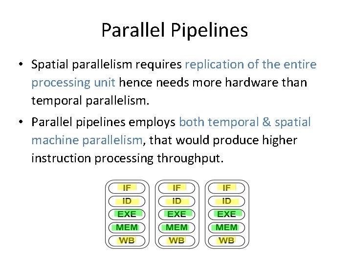 Parallel Pipelines • Spatial parallelism requires replication of the entire processing unit hence needs Parallel Pipelines • Spatial parallelism requires replication of the entire processing unit hence needs