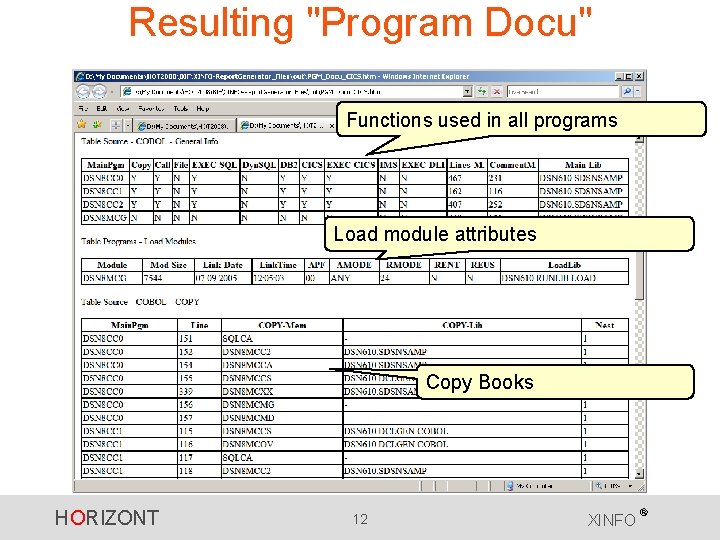 Resulting "Program Docu" Functions used in all programs Load module attributes Copy Books HORIZONT