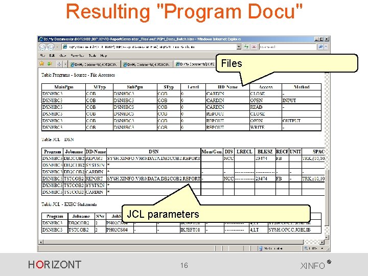 Resulting "Program Docu" Files JCL parameters HORIZONT 16 XINFO ® 