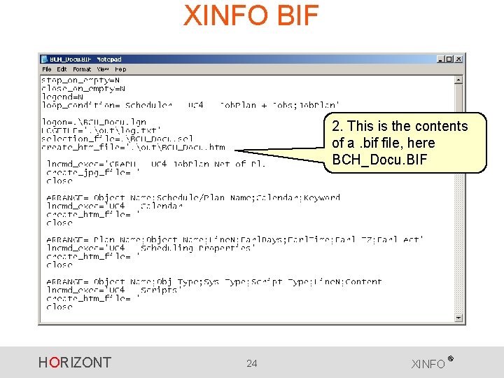 XINFO BIF 2. This is the contents of a. bif file, here BCH_Docu. BIF