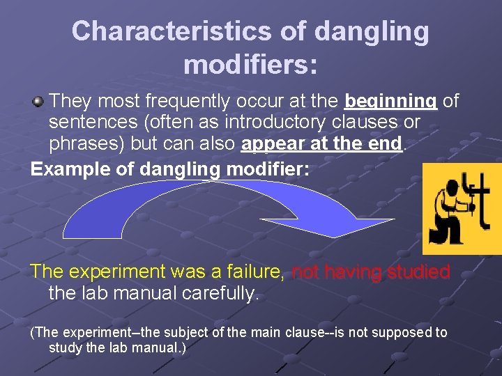 Characteristics of dangling modifiers: They most frequently occur at the beginning of sentences (often
