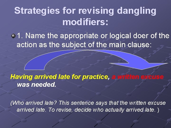 Strategies for revising dangling modifiers: 1. Name the appropriate or logical doer of the