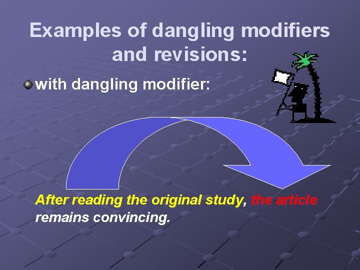 Examples of dangling modifiers and revisions: with dangling modifier: After reading the original study,