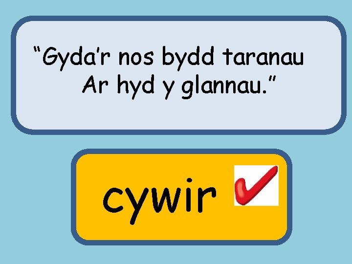 “Gyda’r nos bydd taranau Ar hyd y glannau. ” cywir 