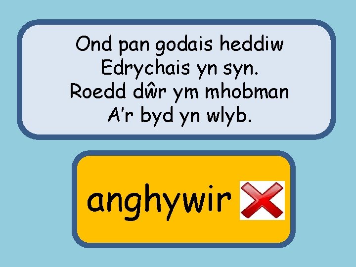 Ond pan godais heddiw Edrychais yn syn. Roedd dŵr ym mhobman A’r byd yn