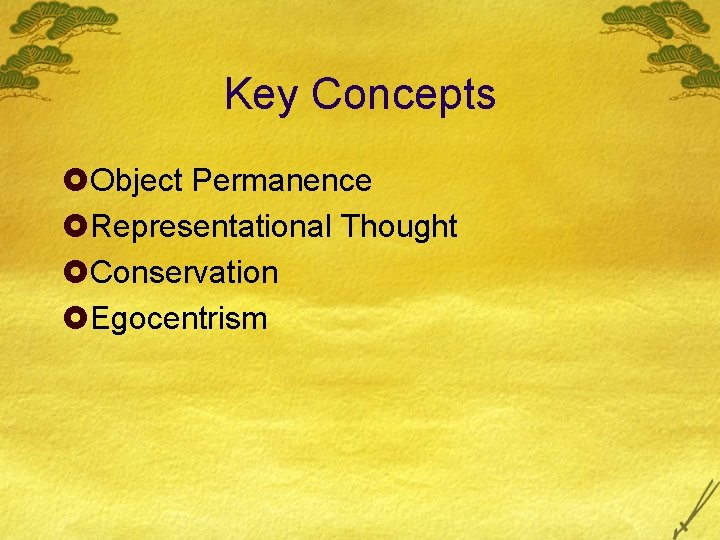 Key Concepts £Object Permanence £Representational Thought £Conservation £Egocentrism Key Concepts £Object Permanence £Representational Thought £Conservation £Egocentrism