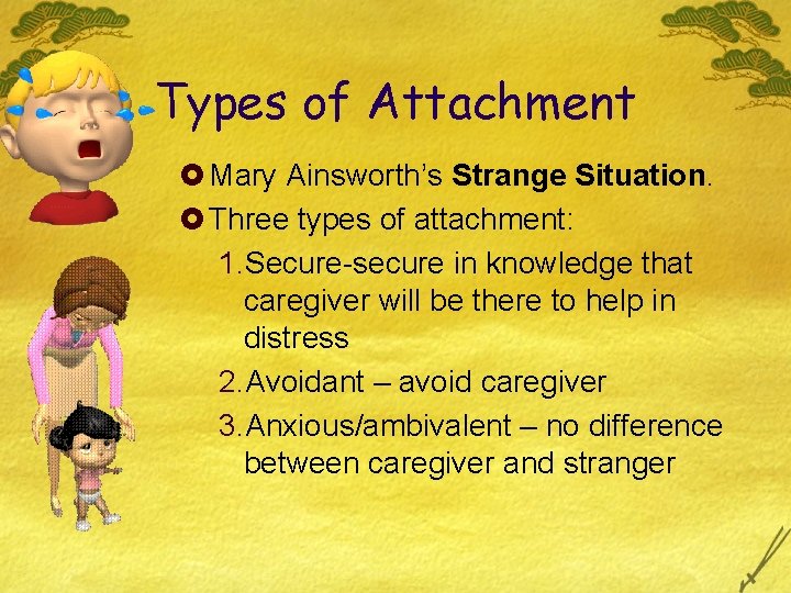 Types of Attachment £ Mary Ainsworth’s Strange Situation. £ Three types of attachment: 1.