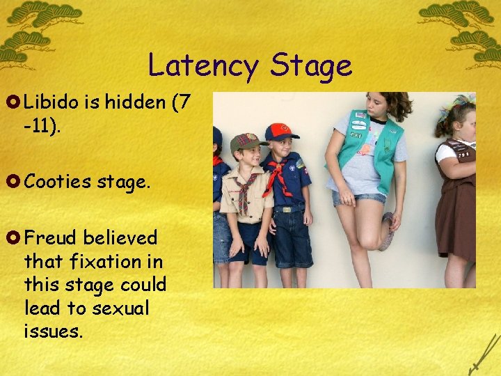 Latency Stage £ Libido is hidden (7 -11). £ Cooties stage. £ Freud believed