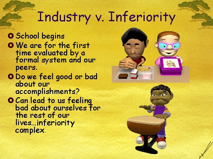 Industry v. Inferiority £ School begins £ We are for the first time evaluated