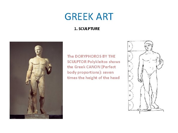 GREEK ART 1. SCULPTURE The DORYPHOROS BY THE SCULPTOR Polykleitos shows the Greek CANON GREEK ART 1. SCULPTURE The DORYPHOROS BY THE SCULPTOR Polykleitos shows the Greek CANON