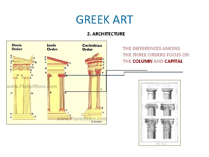 GREEK ART 2. ARCHITECTURE THE DIFFERENCES AMONG THE THREE ORDERS FOCUS ON THE COLUMN GREEK ART 2. ARCHITECTURE THE DIFFERENCES AMONG THE THREE ORDERS FOCUS ON THE COLUMN