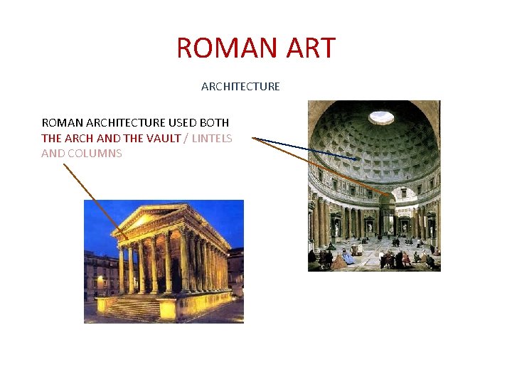 ROMAN ART ARCHITECTURE ROMAN ARCHITECTURE USED BOTH THE ARCH AND THE VAULT / LINTELS ROMAN ART ARCHITECTURE ROMAN ARCHITECTURE USED BOTH THE ARCH AND THE VAULT / LINTELS