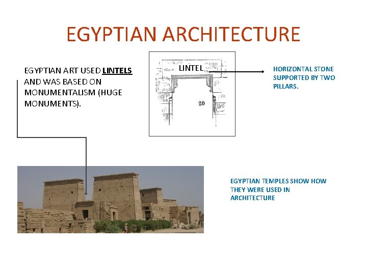 EGYPTIAN ARCHITECTURE EGYPTIAN ART USED LINTELS AND WAS BASED ON MONUMENTALISM (HUGE MONUMENTS). LINTEL EGYPTIAN ARCHITECTURE EGYPTIAN ART USED LINTELS AND WAS BASED ON MONUMENTALISM (HUGE MONUMENTS). LINTEL