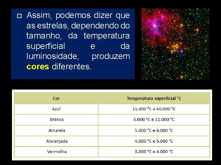  Assim, podemos dizer que as estrelas, dependendo do tamanho, da temperatura superficial e