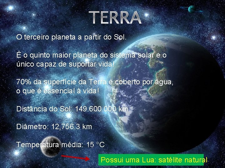 TERRA O terceiro planeta a partir do Sol. É o quinto maior planeta do