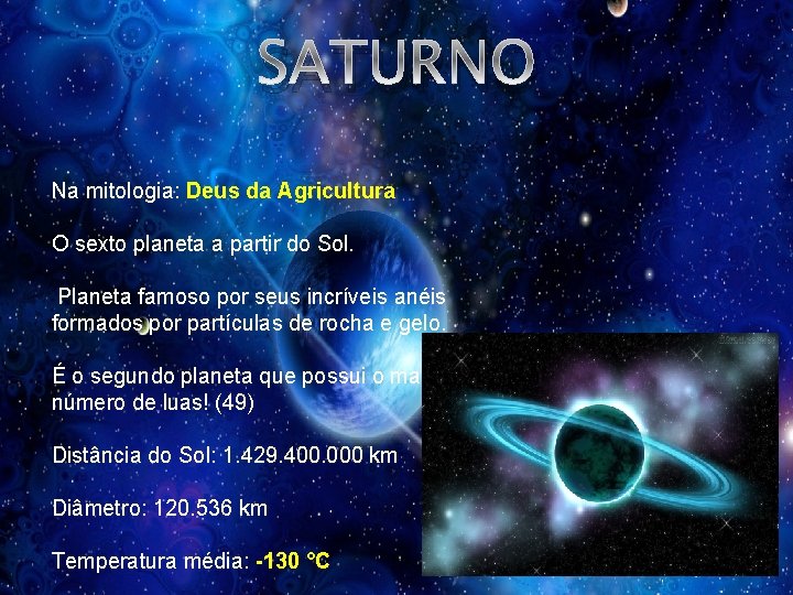 SATURNO Na mitologia: Deus da Agricultura O sexto planeta a partir do Sol. Planeta