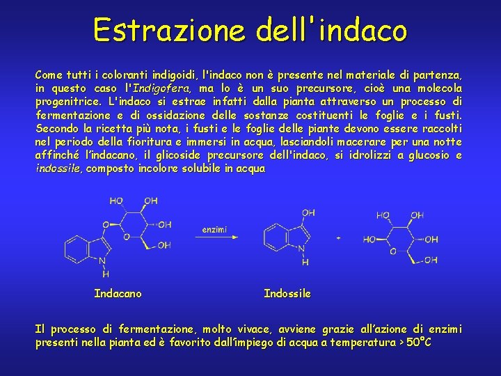 Estrazione dell'indaco Come tutti i coloranti indigoidi, l'indaco non è presente nel materiale di