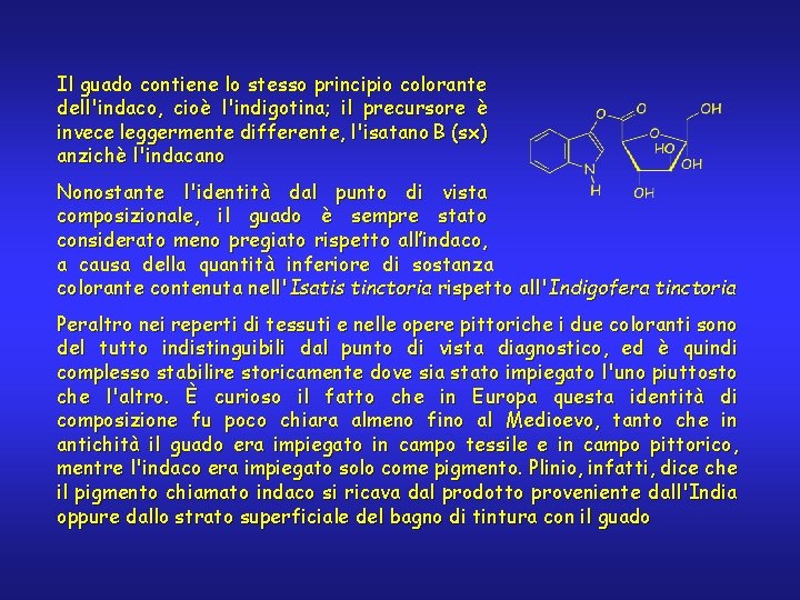 Il guado contiene lo stesso principio colorante dell'indaco, cioè l'indigotina; il precursore è invece