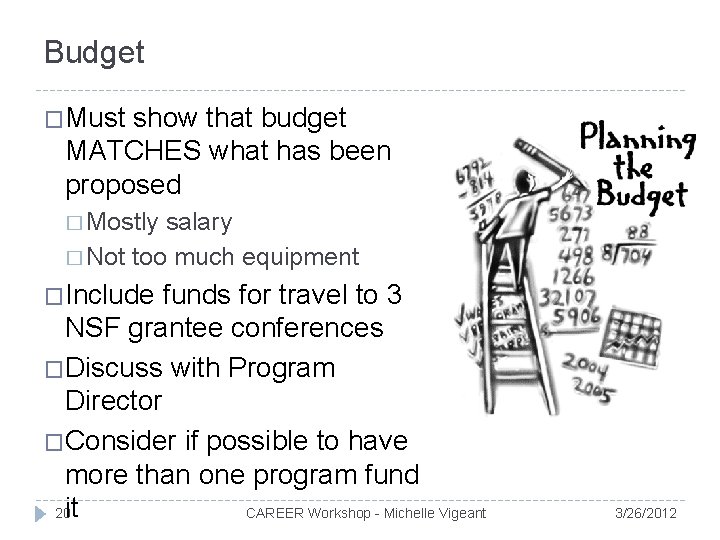 Budget �Must show that budget MATCHES what has been proposed � Mostly salary �