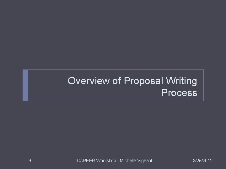 Overview of Proposal Writing Process 9 CAREER Workshop - Michelle Vigeant 3/26/2012 