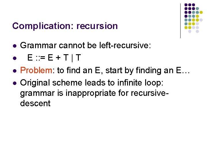 Complication: recursion l l Grammar cannot be left-recursive: E : : = E +