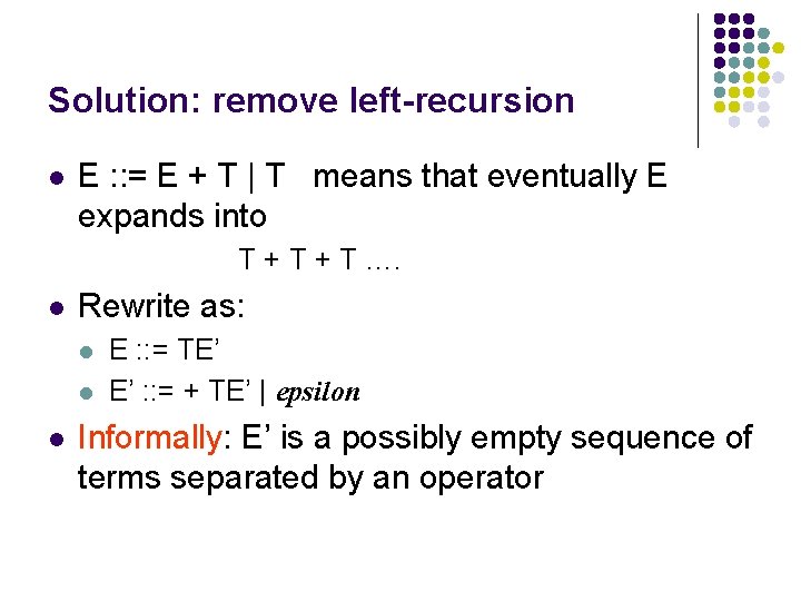 Solution: remove left-recursion l E : : = E + T | T means