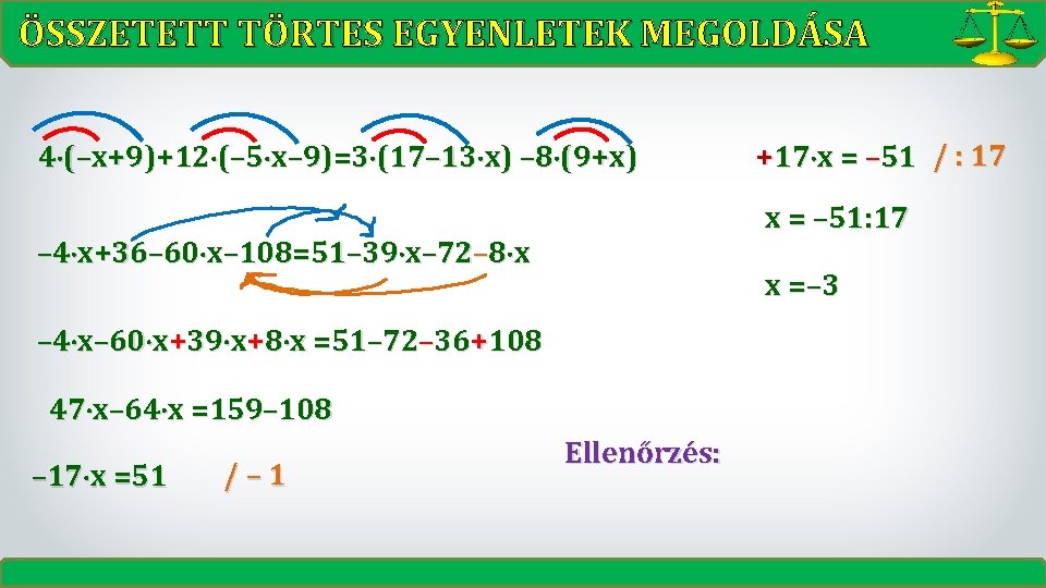 ÖSSZETETT TÖRTES EGYENLETEK MEGOLDÁSA 4 (–x+9)+12 (– 5 x– 9)=3 (17– 13 x) – ÖSSZETETT TÖRTES EGYENLETEK MEGOLDÁSA 4 (–x+9)+12 (– 5 x– 9)=3 (17– 13 x) –