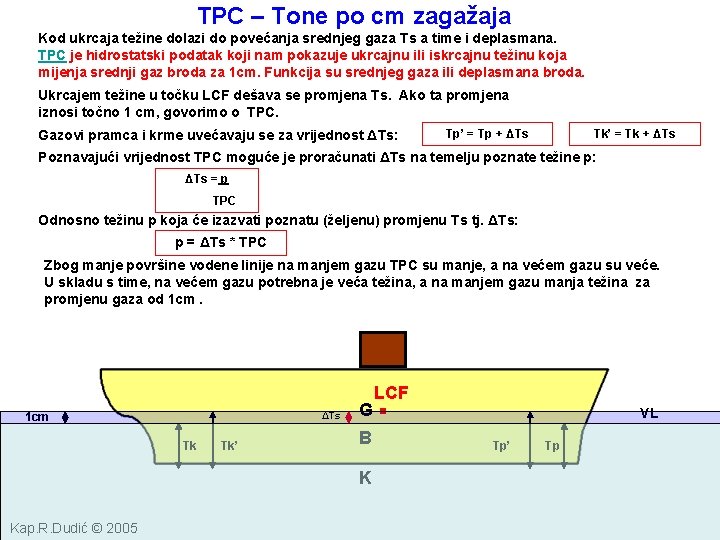 TPC – Tone po cm zagažaja Kod ukrcaja težine dolazi do povećanja srednjeg gaza