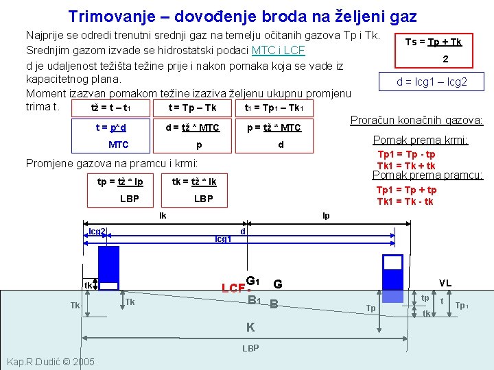 Trimovanje – dovođenje broda na željeni gaz Najprije se odredi trenutni srednji gaz na