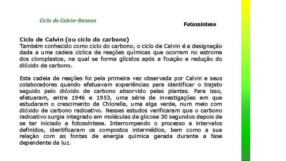 Ciclo do Calvin–Benson Fotossíntese Ciclo de Calvin (ou ciclo do carbono) Também conhecido como