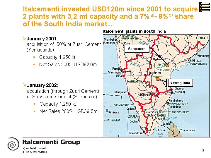 Italcementi invested USD 120 m since 2001 to acquire 2 plants with 3, 2