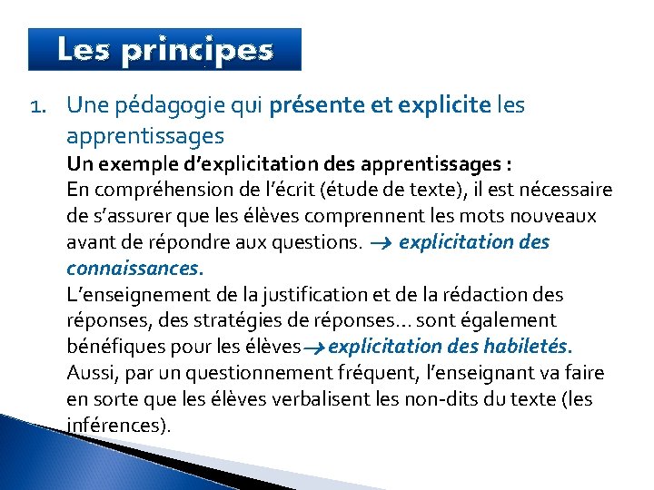 Les principes 1. Une pédagogie qui présente et explicite les apprentissages Un exemple d’explicitation