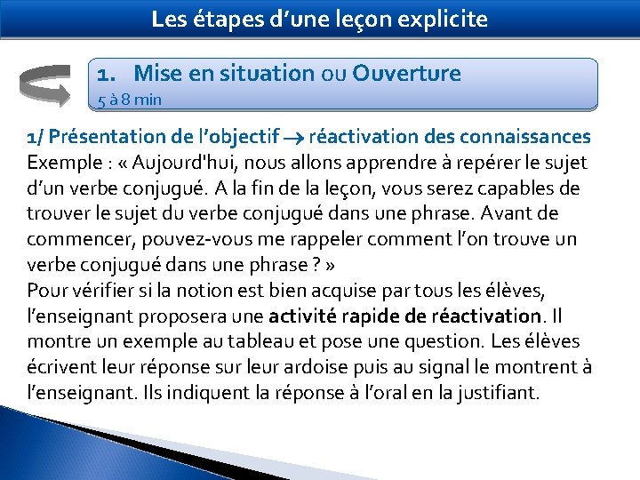 Les étapes d’une leçon explicite 1. Mise en situation ou Ouverture 5 à 8