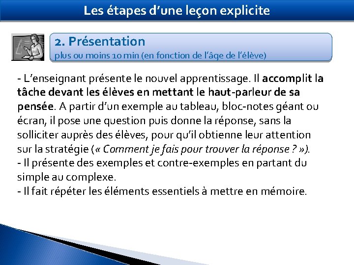 Les étapes d’une leçon explicite 2. Présentation plus ou moins 10 min (en fonction