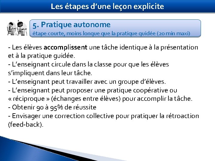 Les étapes d’une leçon explicite 5. Pratique autonome étape courte, moins longue que la