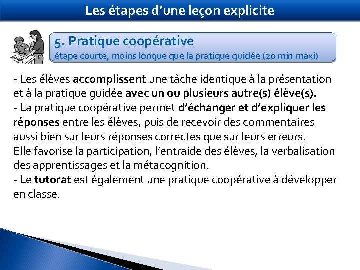 Les étapes d’une leçon explicite 5. Pratique coopérative étape courte, moins longue que la