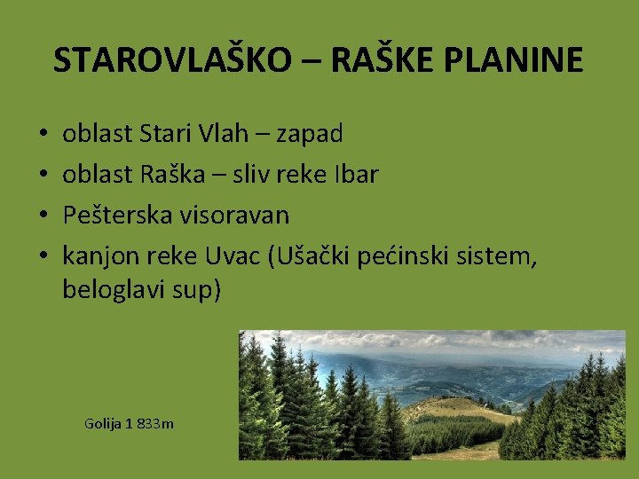 STAROVLAŠKO – RAŠKE PLANINE • • oblast Stari Vlah – zapad oblast Raška –