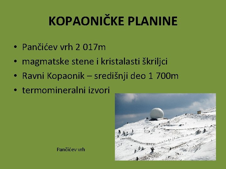 KOPAONIČKE PLANINE • • Pančićev vrh 2 017 m magmatske stene i kristalasti škriljci
