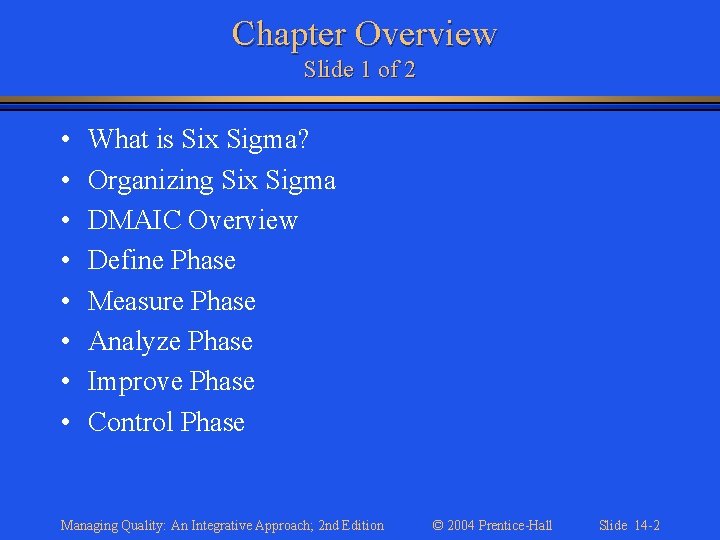 Chapter Overview Slide 1 of 2 • • What is Six Sigma? Organizing Six