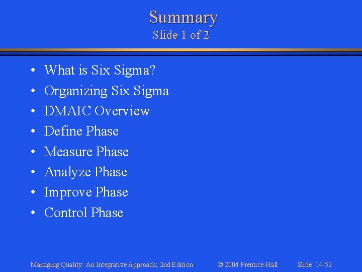 Summary Slide 1 of 2 • • What is Six Sigma? Organizing Six Sigma