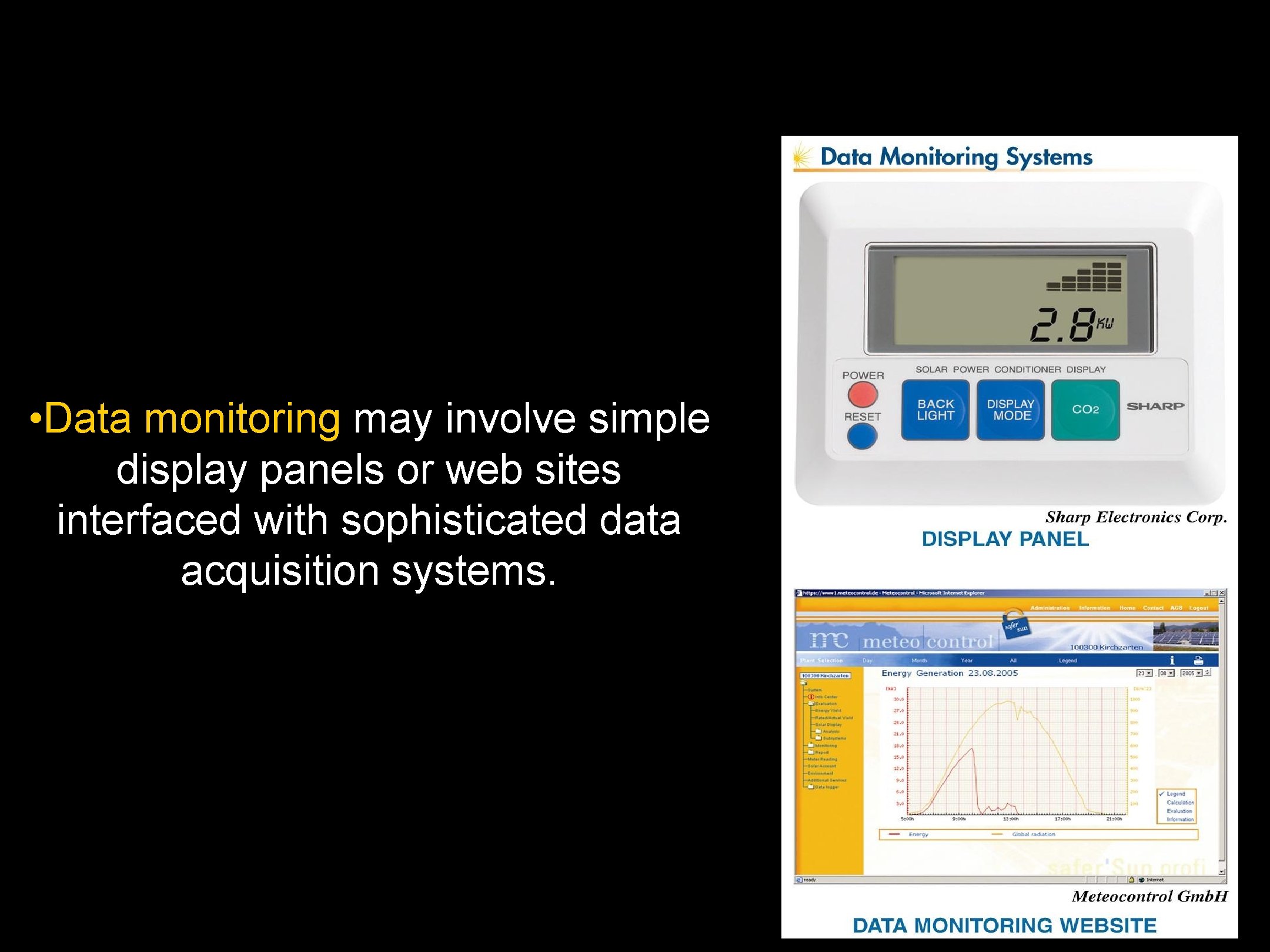  • Data monitoring may involve simple display panels or web sites interfaced with