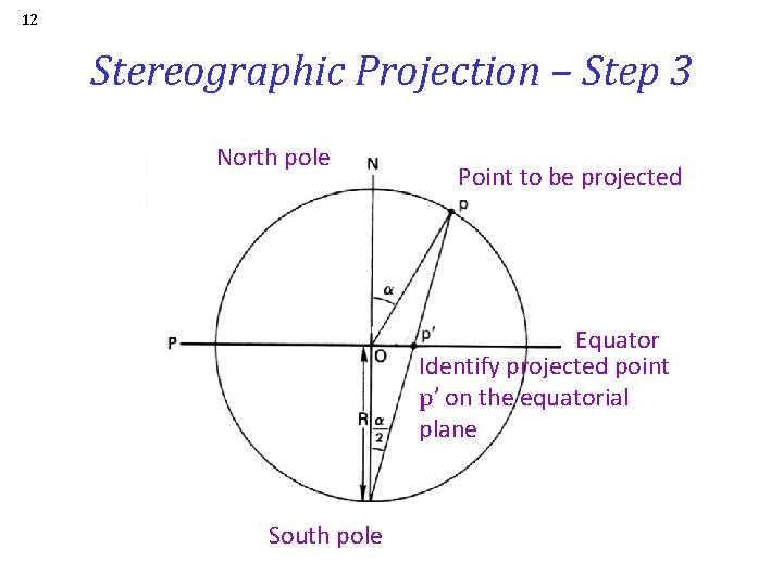 12 Stereographic Projection – Step 3 North pole Point to be projected Equator Identify