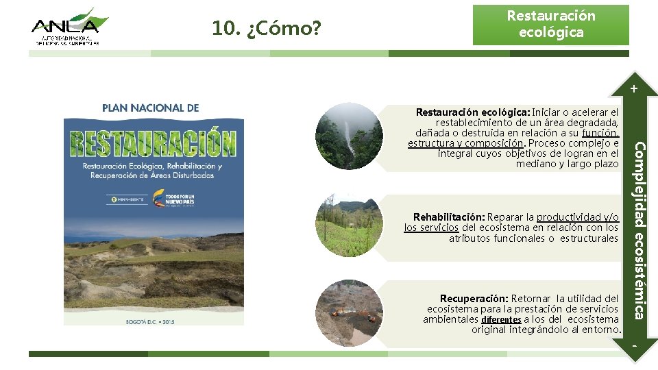 10. ¿Cómo? Restauración ecológica - Complejidad ecosistémica Restauración ecológica: Iniciar o acelerar el restablecimiento