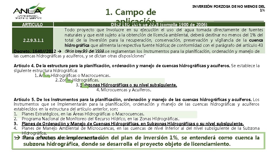 INVERSIÓN FORZOSA DE NO MENOS DEL 1% ARTICULO 1. Campo de aplicación DECRETO 1076