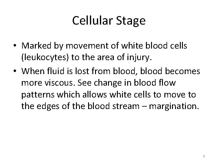 Cellular Stage • Marked by movement of white blood cells (leukocytes) to the area