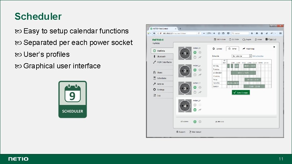 Scheduler Easy to setup calendar functions Separated per each power socket User’s profiles Graphical